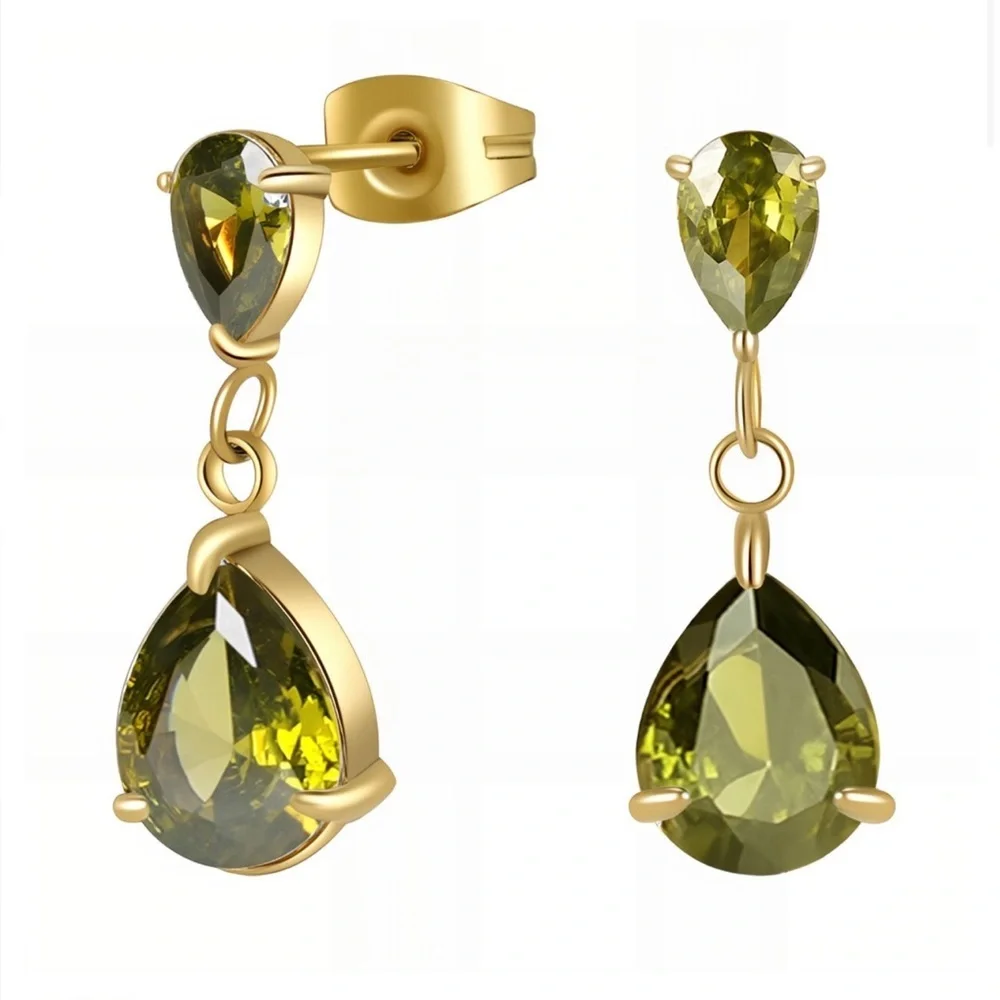 18K Gold Plated Green Teardrop Dangle Earrings CZ Stainless Steel NWT